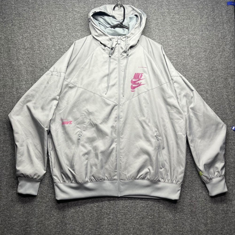 Nike Jacket Mens XL Gray Pink Windrunner Logo Full Zip Hooded DM6867-073